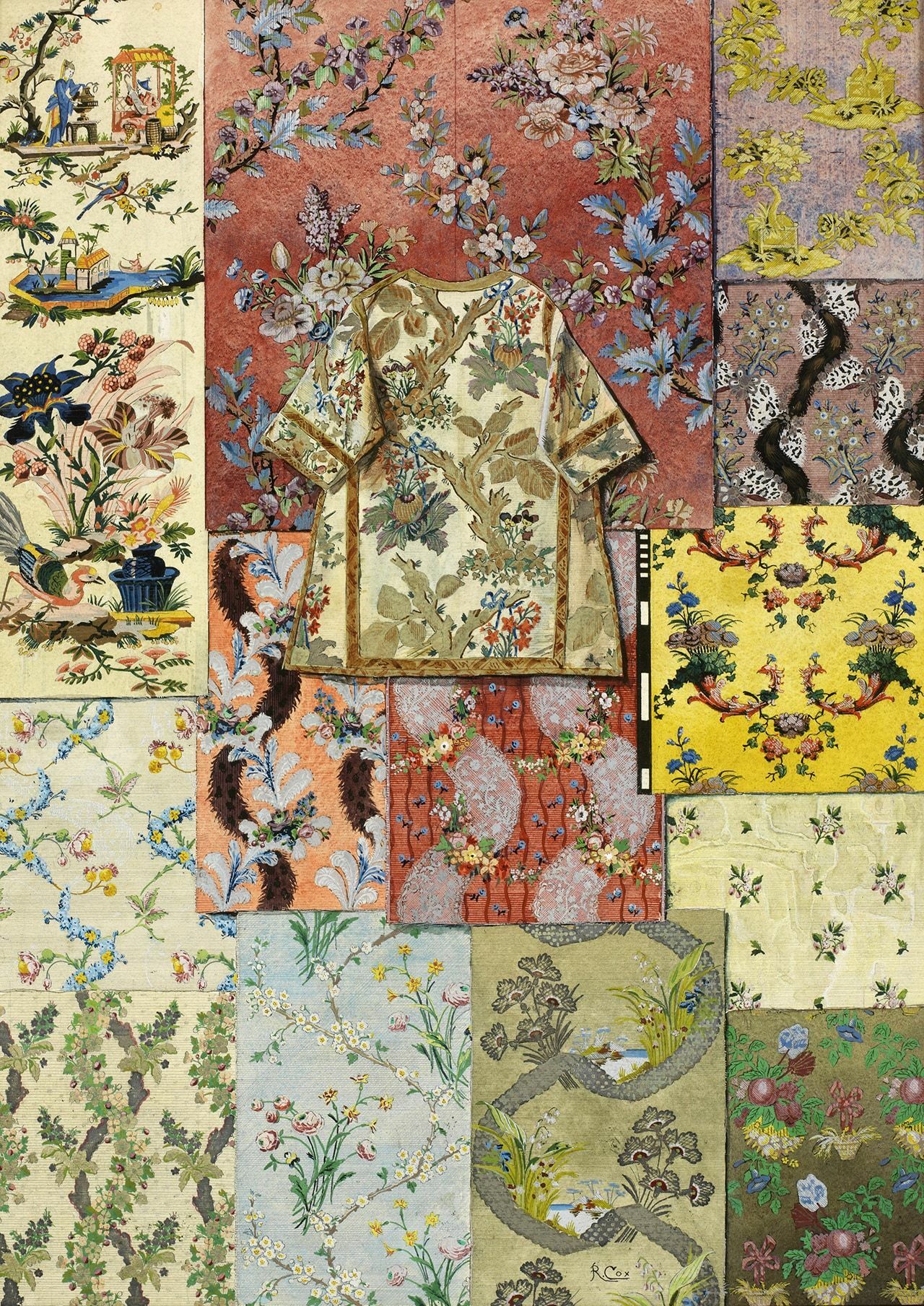 Raymond Cox, Maquette pour le livre *L'art de décorer les tissus d'après les collections du musée historique de la Chambre de Commerce* : planche CI « Louis XV », Lyon, entre 1896 et 1898.
