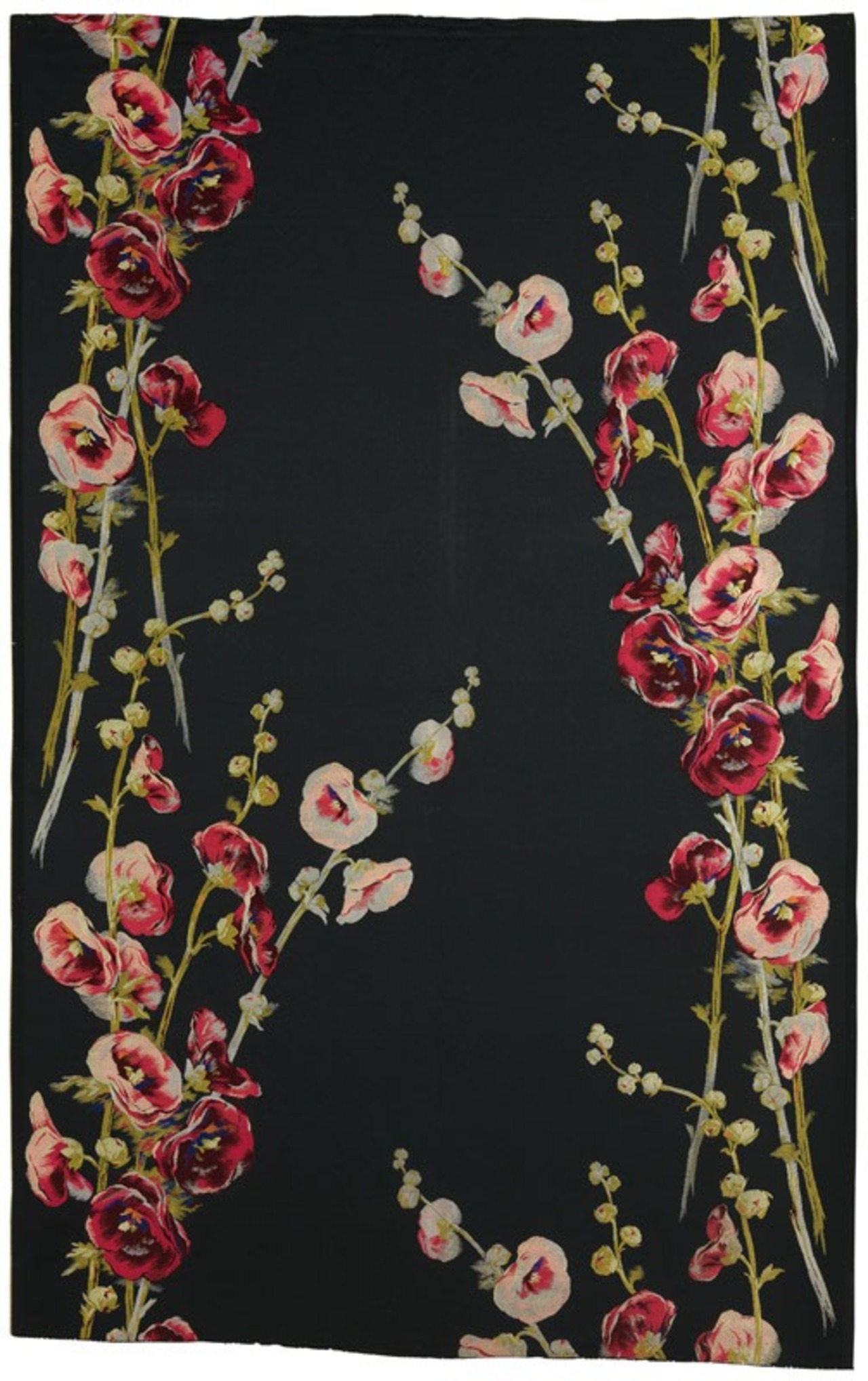 Maison Les Petits-Fils de C-J Bonnet et Cie (fabricant), d’après François Vernay, Atelier Rostain-Jacquemard (dessinateur), Roses trémières, Lyon, 1900. © © Lyon, musée des Tissus - Sylvain Pretto