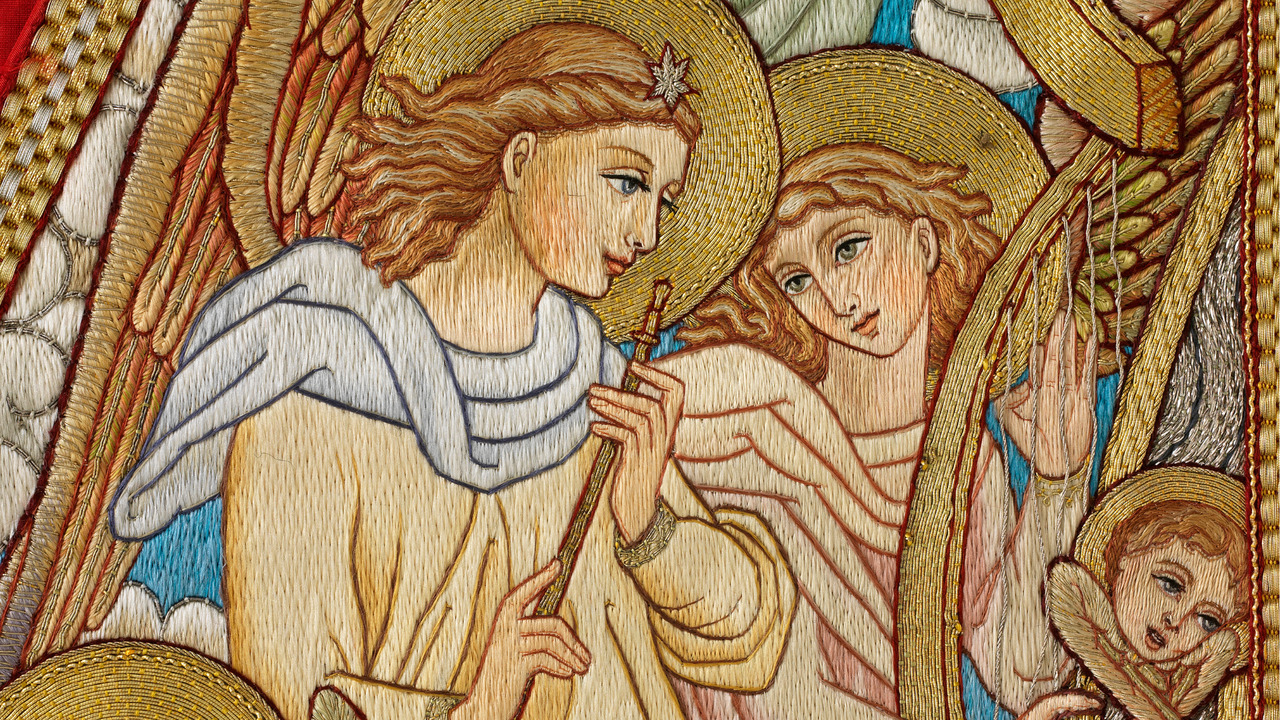 (Détails) Chasuble « française » brodée appartenant à l’ornement angélique Gaspard-André Poncet (dessinateur) Joseph-Alphonse Henry (fabricant), Marie-Anne Haug, épouse Leroudier (brodeuse) Lyon, 1894. © © Lyon, musée des Tissus — Sylvain Pretto